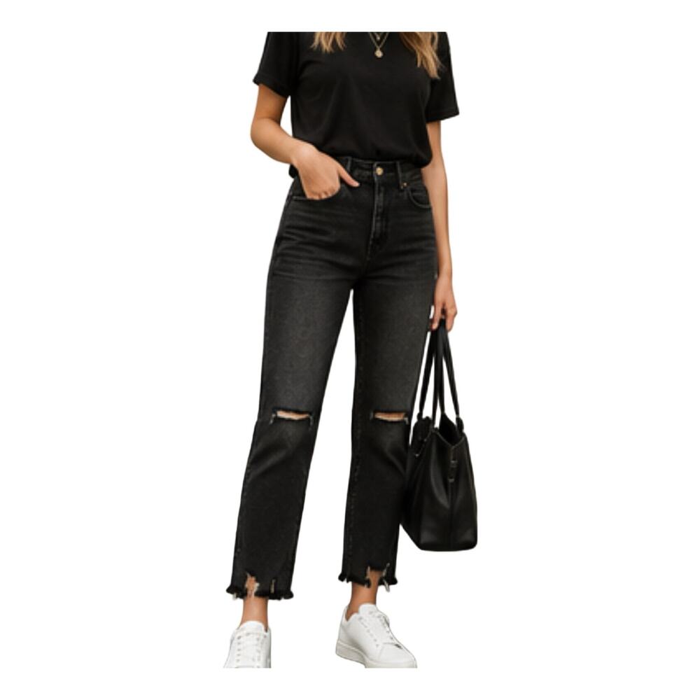 PTCL Jeans Womens Size 28 Black Distressed Button Fly Raw Hem High Rise Mom Jean